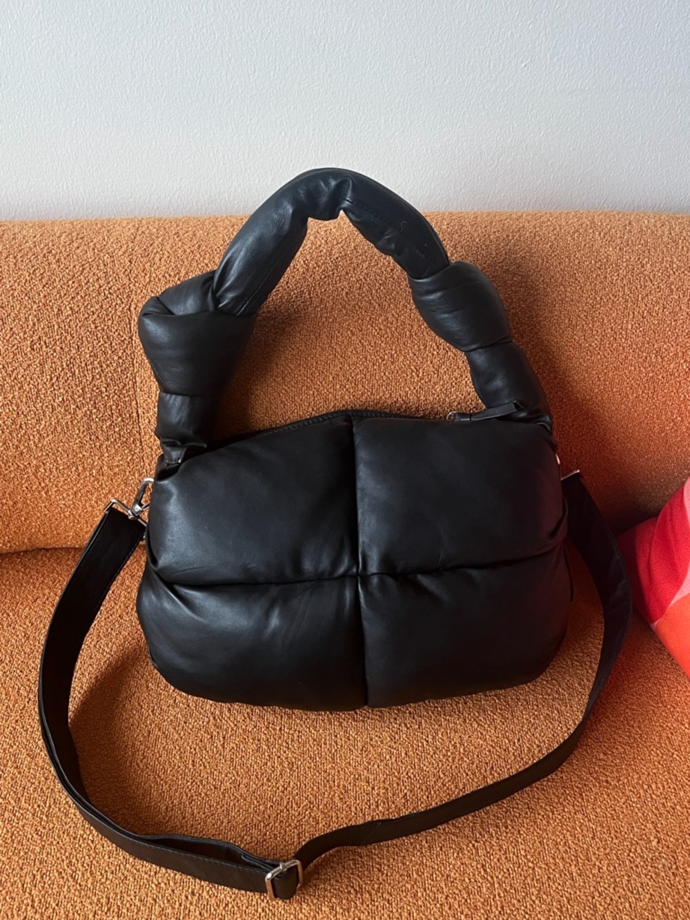 Black Puffer Shoulder Bag with Removable Strap